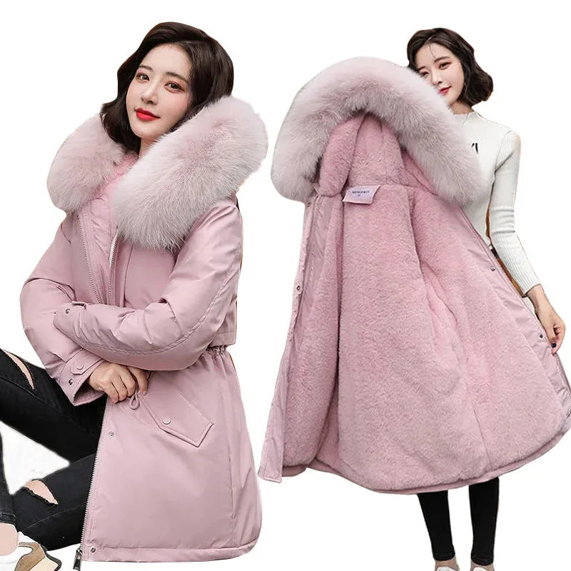 Winter Women Warm Parka New 2026 Fashion Long Coat Wool Liner Hooded Parkas Slim Fur Collar Jacket Warm Snow Wear Padded Clothes