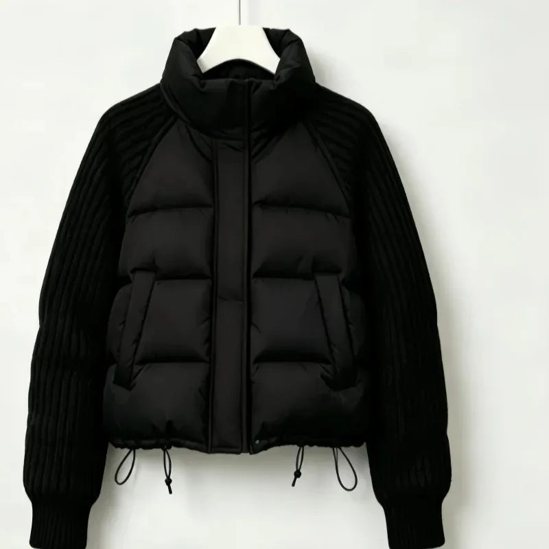 Winter Fashion Versatile Warm Coat Women Down Cotton Parkas Jacket Cable Knit Sleeve Spliced Stand Collar Thick Warm Short Coat