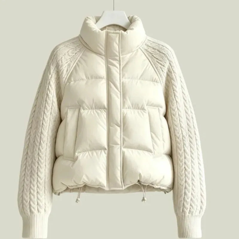 Winter Fashion Versatile Warm Coat Women Down Cotton Parkas Jacket Cable Knit Sleeve Spliced Stand Collar Thick Warm Short Coat
