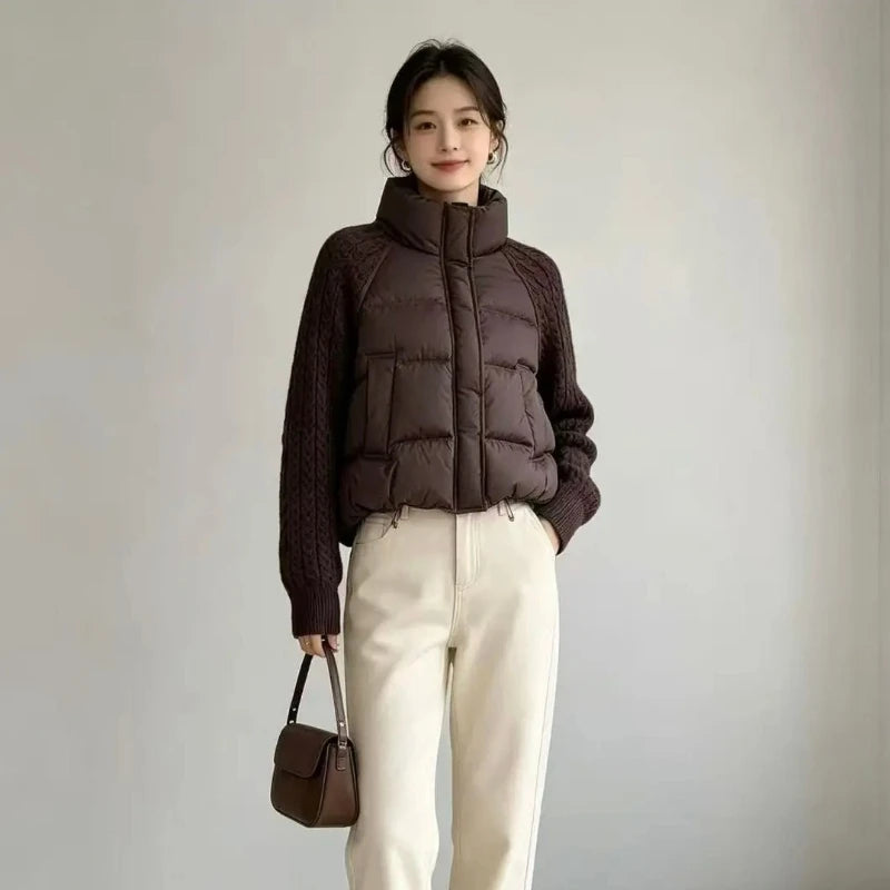 Winter Fashion Versatile Warm Coat Women Down Cotton Parkas Jacket Cable Knit Sleeve Spliced Stand Collar Thick Warm Short Coat