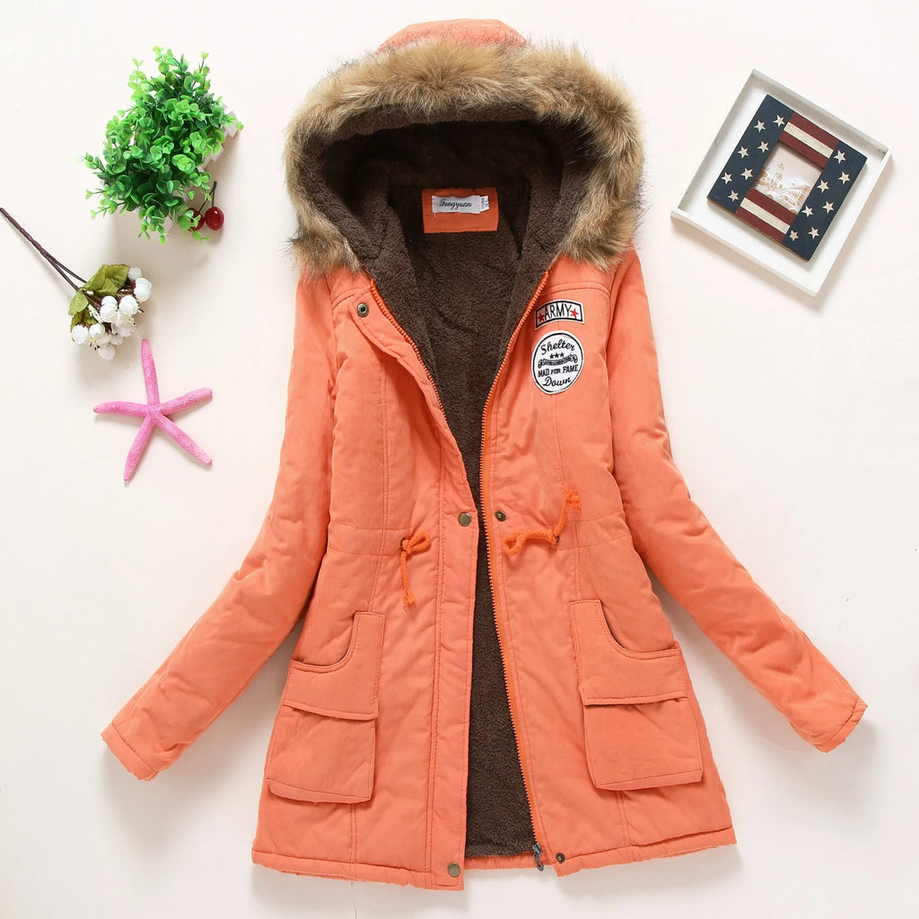 Winter Jacket Women Hooded Badge Lamb Fleece Medium Long Drawstring Cotton Coat Peach Skin Fleece Hooded Jacket Winter Coat