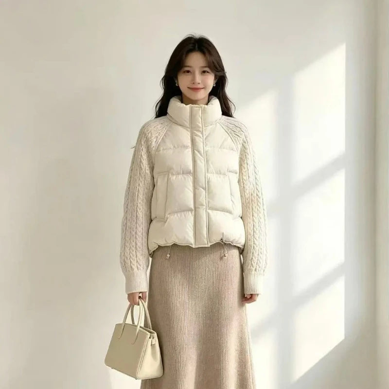 Winter Fashion Versatile Warm Coat Women Down Cotton Parkas Jacket Cable Knit Sleeve Spliced Stand Collar Thick Warm Short Coat