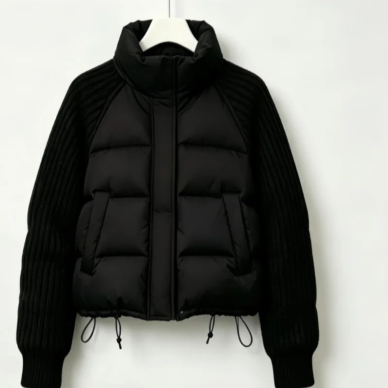 Winter Fashion Versatile Warm Coat Women Down Cotton Parkas Jacket Cable Knit Sleeve Spliced Stand Collar Thick Warm Short Coat