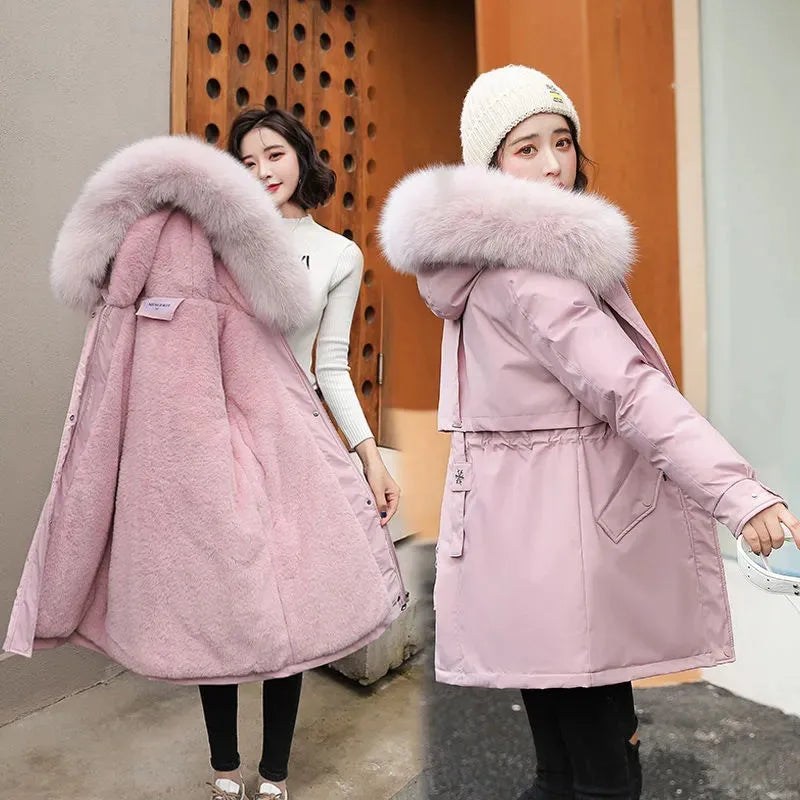 Winter Women Warm Parka New 2026 Fashion Long Coat Wool Liner Hooded Parkas Slim Fur Collar Jacket Warm Snow Wear Padded Clothes