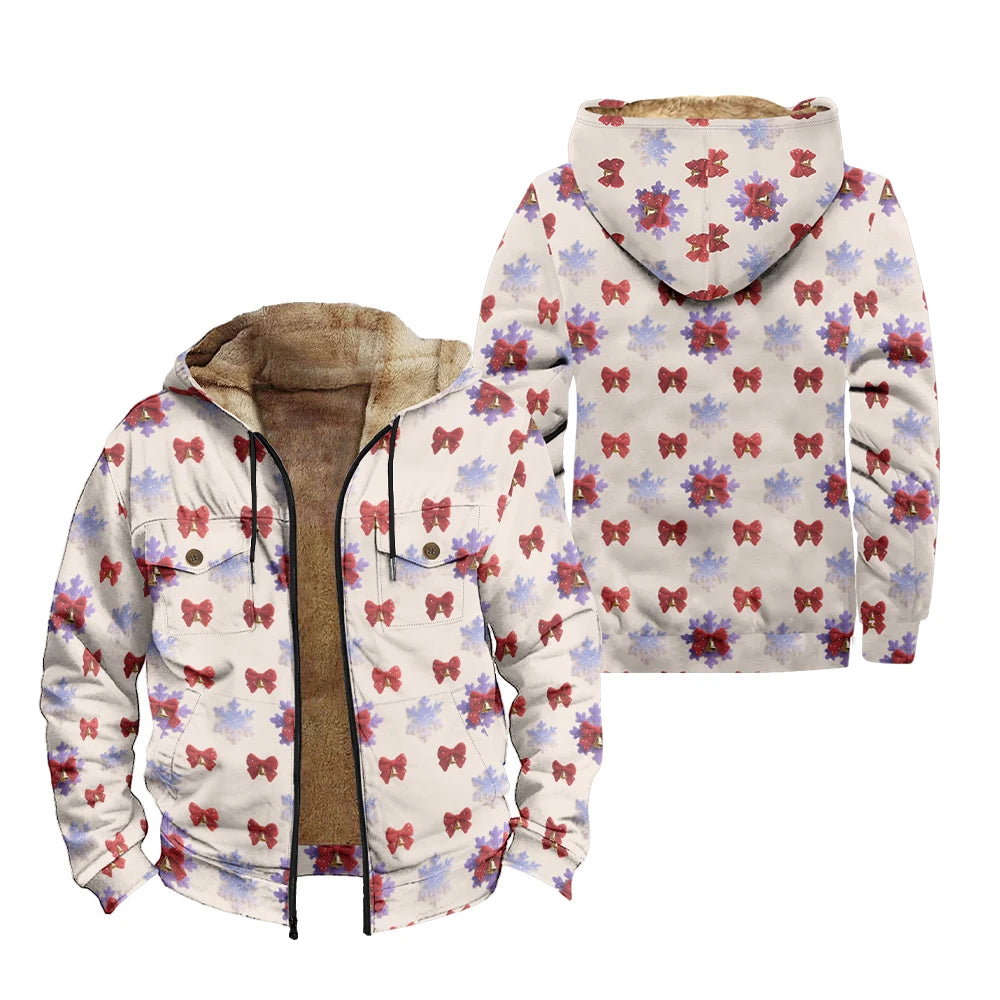 Winter Holiday Daily Wear Christmas Bells Warm Jackets Hooded Coats Print Plush Thick Hunting Farmer Windproof  Unisex Outerwear
