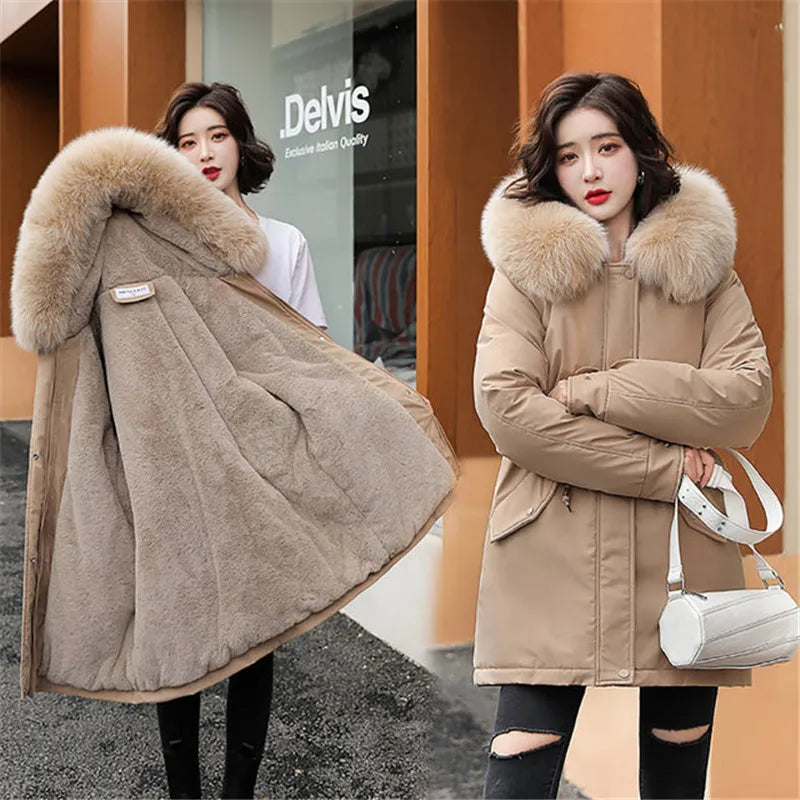 Winter Women Warm Parka New 2026 Fashion Long Coat Wool Liner Hooded Parkas Slim Fur Collar Jacket Warm Snow Wear Padded Clothes