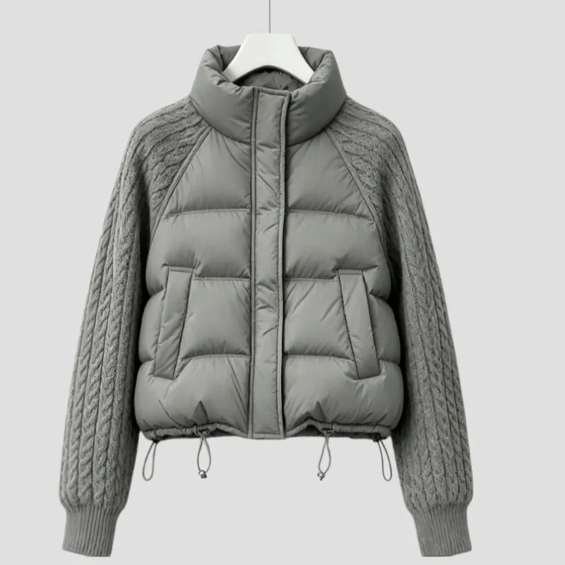 Winter Fashion Versatile Warm Coat Women Down Cotton Parkas Jacket Cable Knit Sleeve Spliced Stand Collar Thick Warm Short Coat