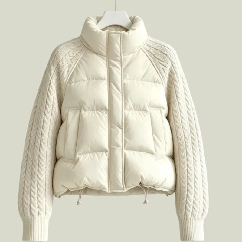 Winter Fashion Versatile Warm Coat Women Down Cotton Parkas Jacket Cable Knit Sleeve Spliced Stand Collar Thick Warm Short Coat