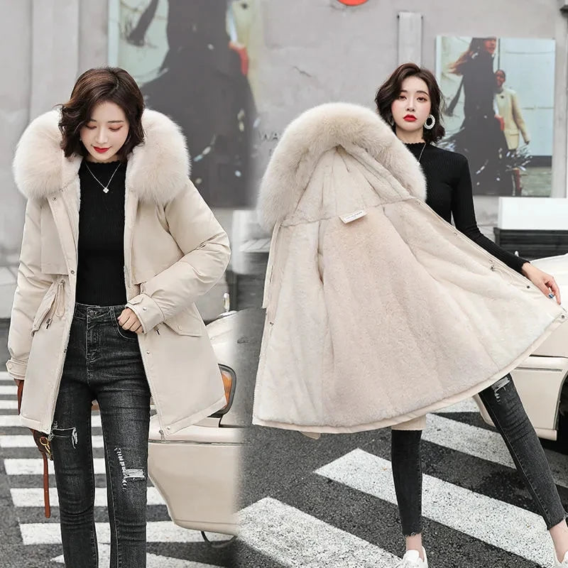 Winter Women Warm Parka New 2026 Fashion Long Coat Wool Liner Hooded Parkas Slim Fur Collar Jacket Warm Snow Wear Padded Clothes