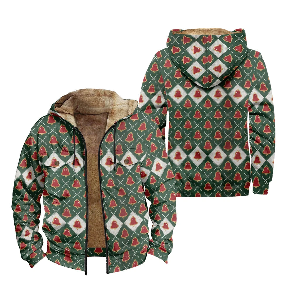 Winter Holiday Daily Wear Christmas Bells Warm Jackets Hooded Coats Print Plush Thick Hunting Farmer Windproof  Unisex Outerwear