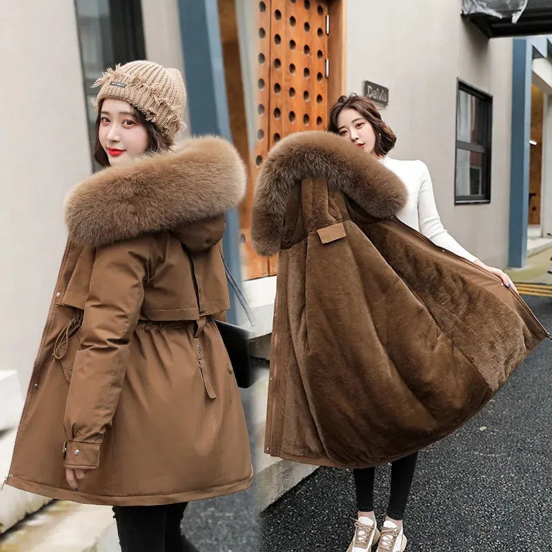 Winter Women Warm Parka New 2026 Fashion Long Coat Wool Liner Hooded Parkas Slim Fur Collar Jacket Warm Snow Wear Padded Clothes