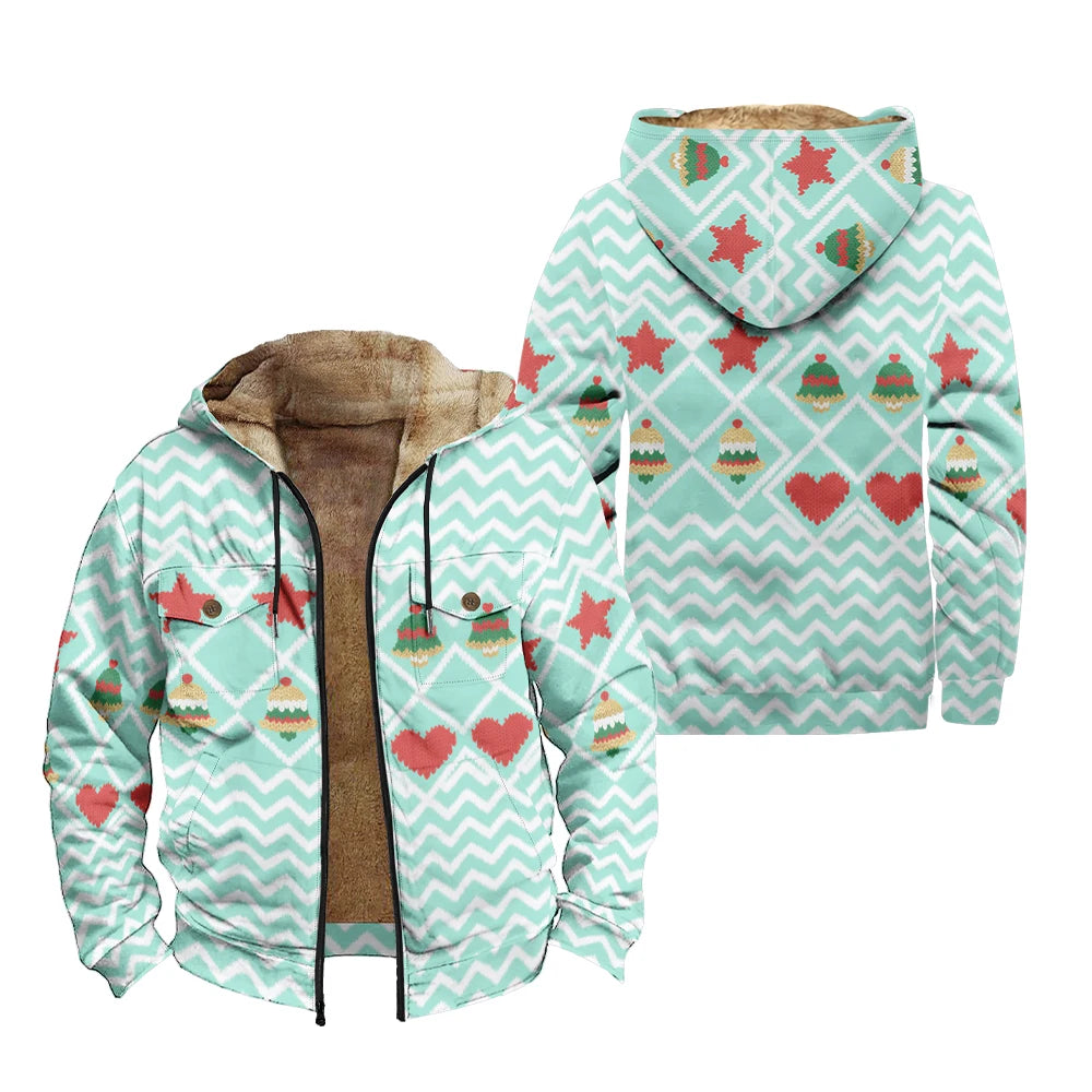 Winter Holiday Daily Wear Christmas Bells Warm Jackets Hooded Coats Print Plush Thick Hunting Farmer Windproof  Unisex Outerwear